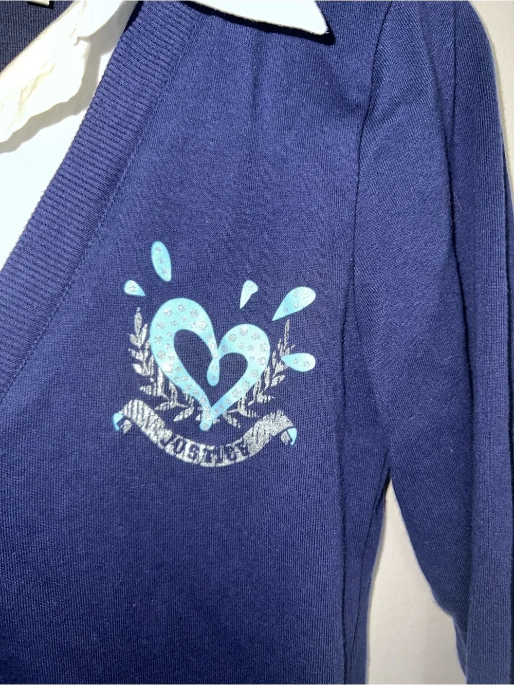 Navy Cardigan with Heart Crest and White Shirt Collar kids girls Justice 14